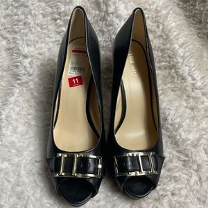 Nine West Celestine leather Black slip on heels peep toe silver tone buckle SZ11